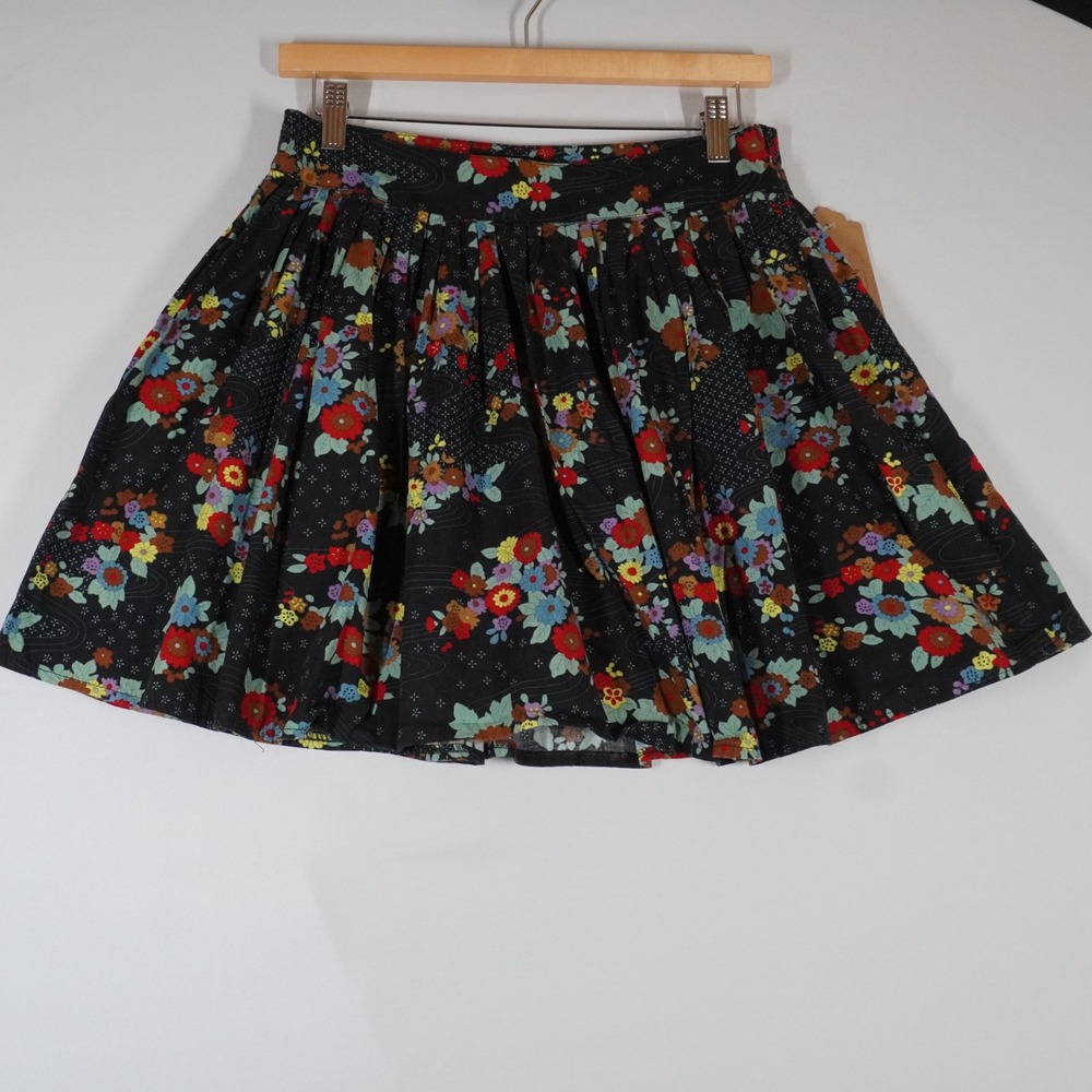 Vintage Wet Seal‎ Black Floral Cotton Pleated Mini Skater Skirt Womens Medium